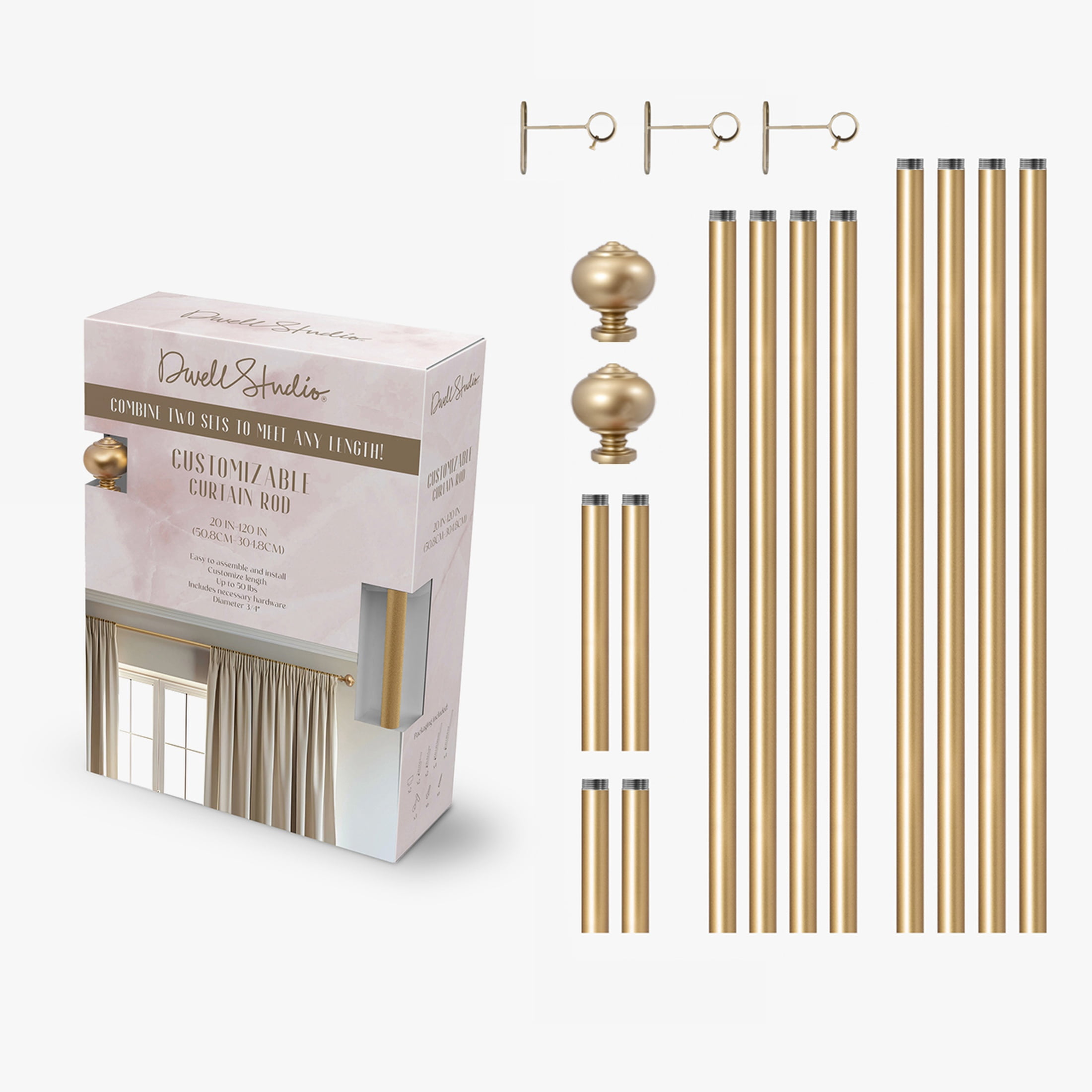 Dwell Studio, Cutomizable Curtain Rods, 3/4" Iron Material, 20 inch-120 inch Kit, Satin Brass