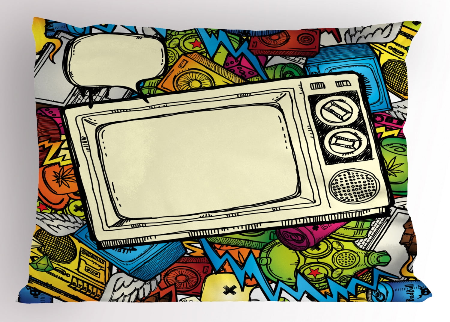 Hip Hop Pillow Sham 90s Theme Retro Style Linear Drawn Icons A