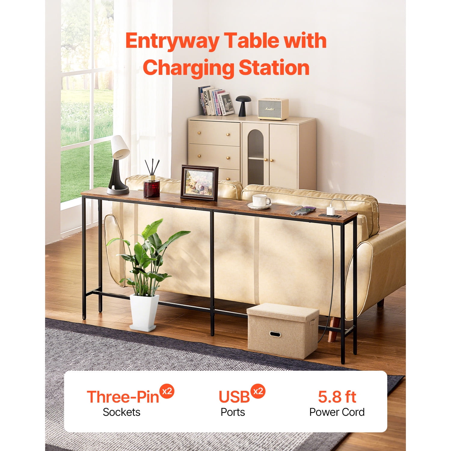 KFFKFF 70.9" Console Table, Entryway Table with 2 Sockets and 2 USB Ports, Adjustable Feet, Modern Long Narrow Console Table for Hallway Living Room