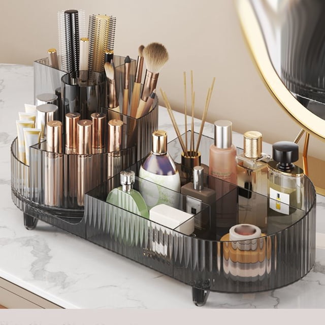 yeacher Organisateur de Maquillage Rotatif avec Design Gris Transparent, Rangement à Compartiments Multiples pour Pinceaux, Rouges à Lèvres et Accessoires, Compact pour Coiffeuse Ou Bureau