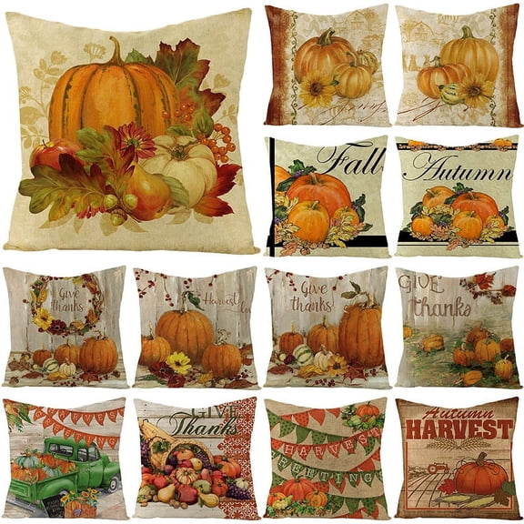 Thanksgiving Pillow Cover Pumpkin Print Harvest Linen Cushion Cover Office Sofa Cushion Cover
