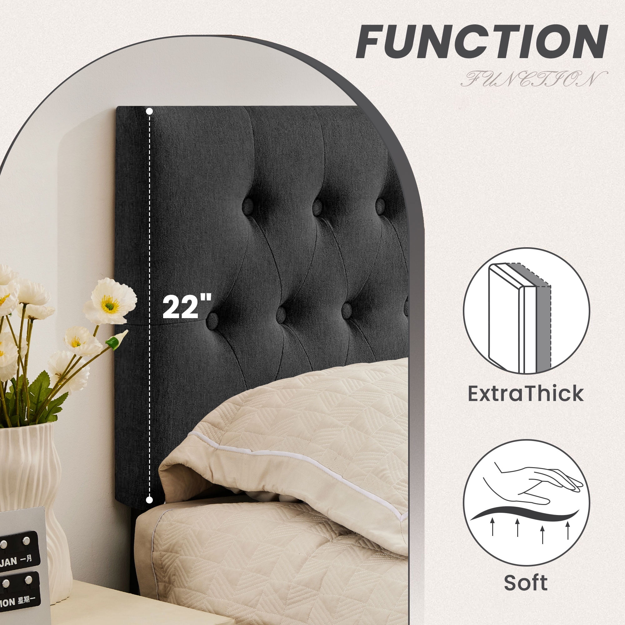 JONPONY Tufted Upholstered Headboard Twin Size, Solid Wood Head Board with  Adjustable Height  Headboard from 37" to 51",Bed Frame Adapters,Black,Headboard Only