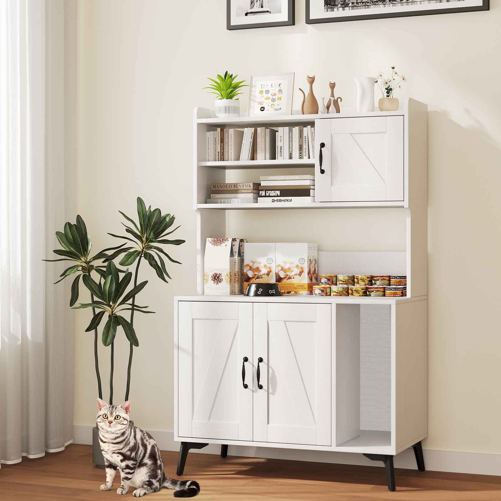 Gymax Large Cat Litter Box Enclosure w/ Display Storage Shelves Hidden Cat Furniture White