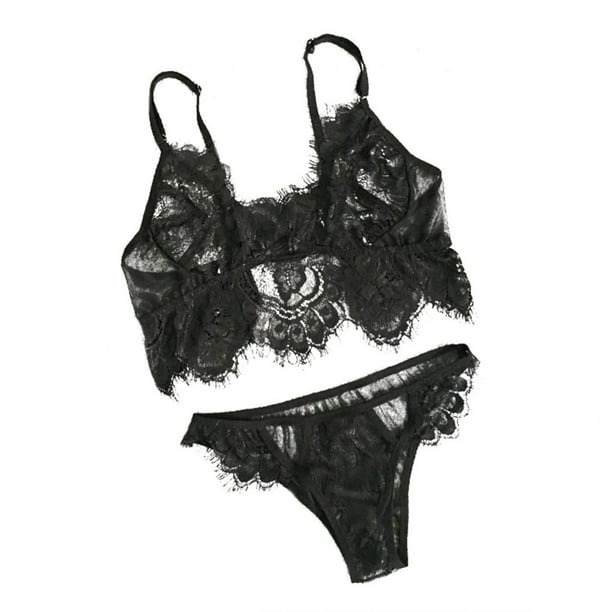 Enqiretly Lace Hollow Woman Bra Underwear Set Harness Perspective Bikini  Underwear black M 