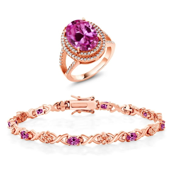 Gem Stone King 10.94 Ct Pink Created Sapphire 18K Rose Gold Plated Silver Ring and Bracelet Jewelry Set (Size 7)