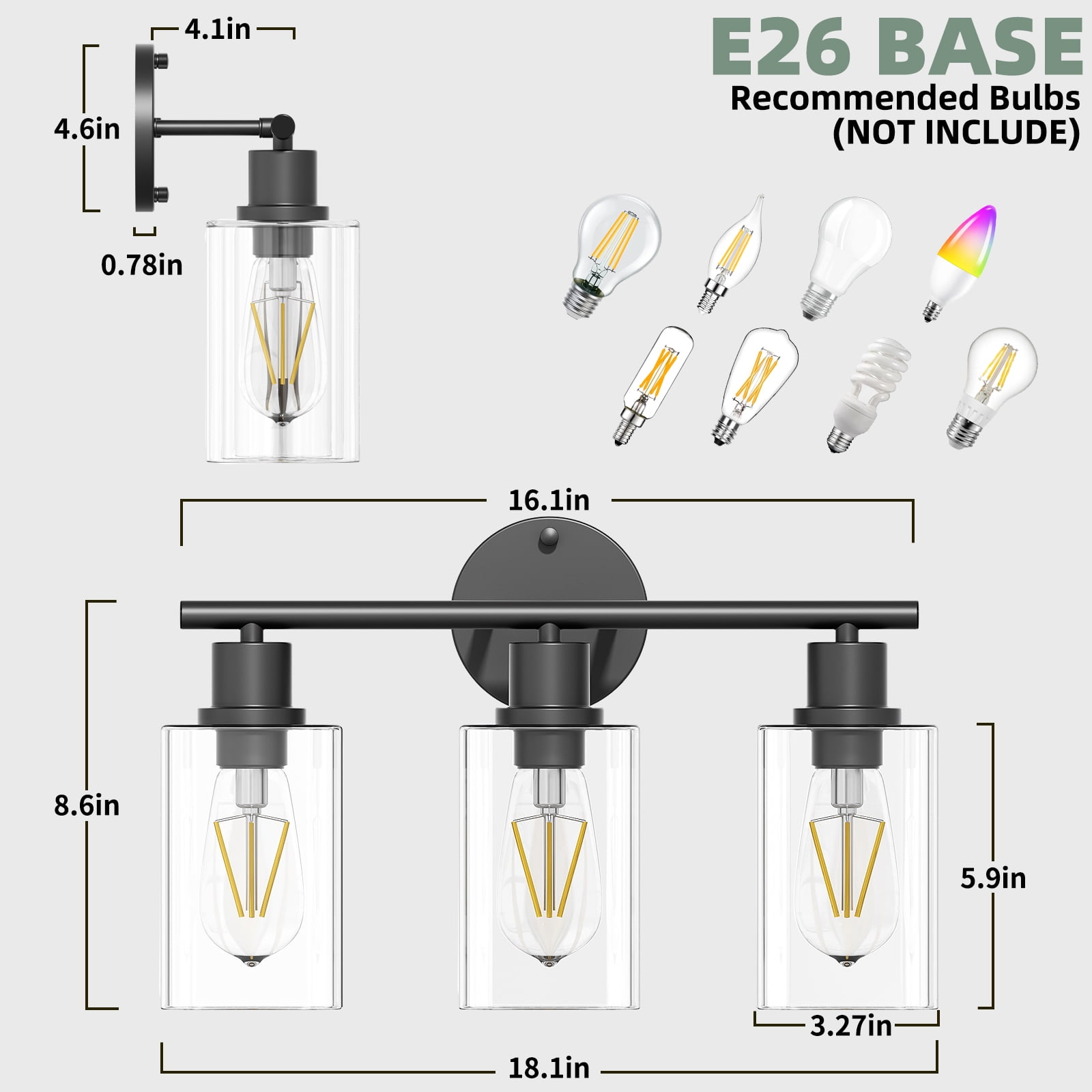 Cshidworld 3-Light Black Dimmable Vanity Light with Clear Glass Shade