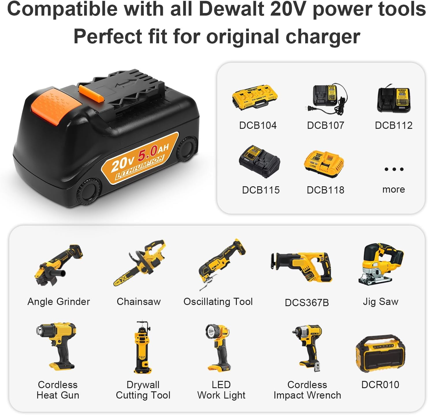 20v Max Battery Replacement for de--walt Battery 5.0Ah with DCB112 Battery Charger Station for DCB200 DCB120