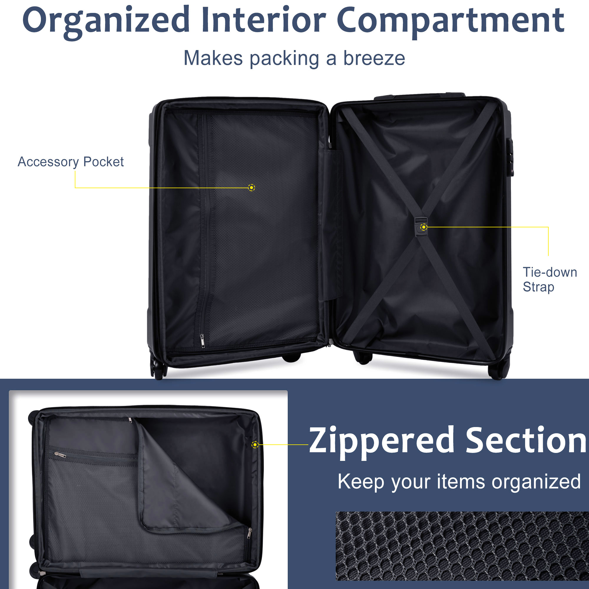 Euroco 3 Piece Luggage Sets,20" Hardshell Carry-On Luggage with 2 Packing Cubes,TSA Lock and Spinner Wheels,Lightweight Durable Suitcase Set for Men Women,Grey Blue