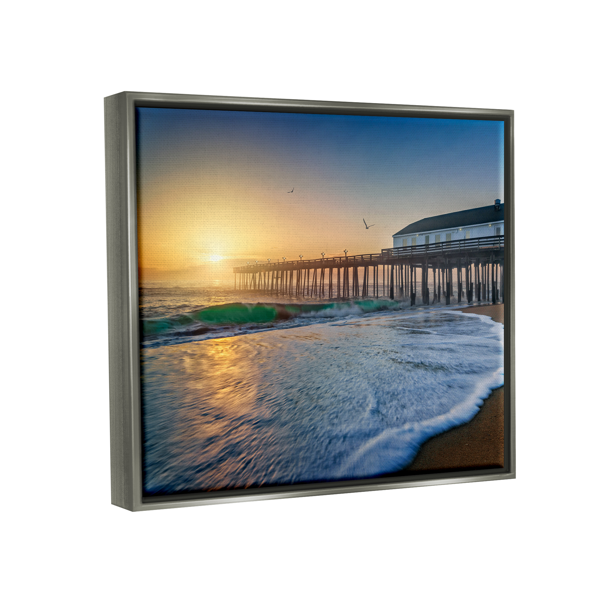 Stupell Sunlit Coastal Pier Ocean Foam Landscape Photography Gray Floater Framed Art Print Wall Art