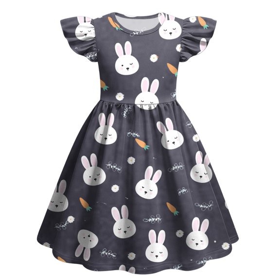 YOUYEDIAN Easter Midi Dresses for Girls Teen Summer Cute Flutter Sleeve Princess Dress Crew Neck Buuny Rabbit Graphic Dress (Black, 11-12 Years)