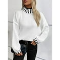 thumbnail image 2 of Women Mock Sweater Pullover Knitted Striped Cable Knit Fall Winter Long Sleeve Fashion Blouse Cream White XL, 2 of 8