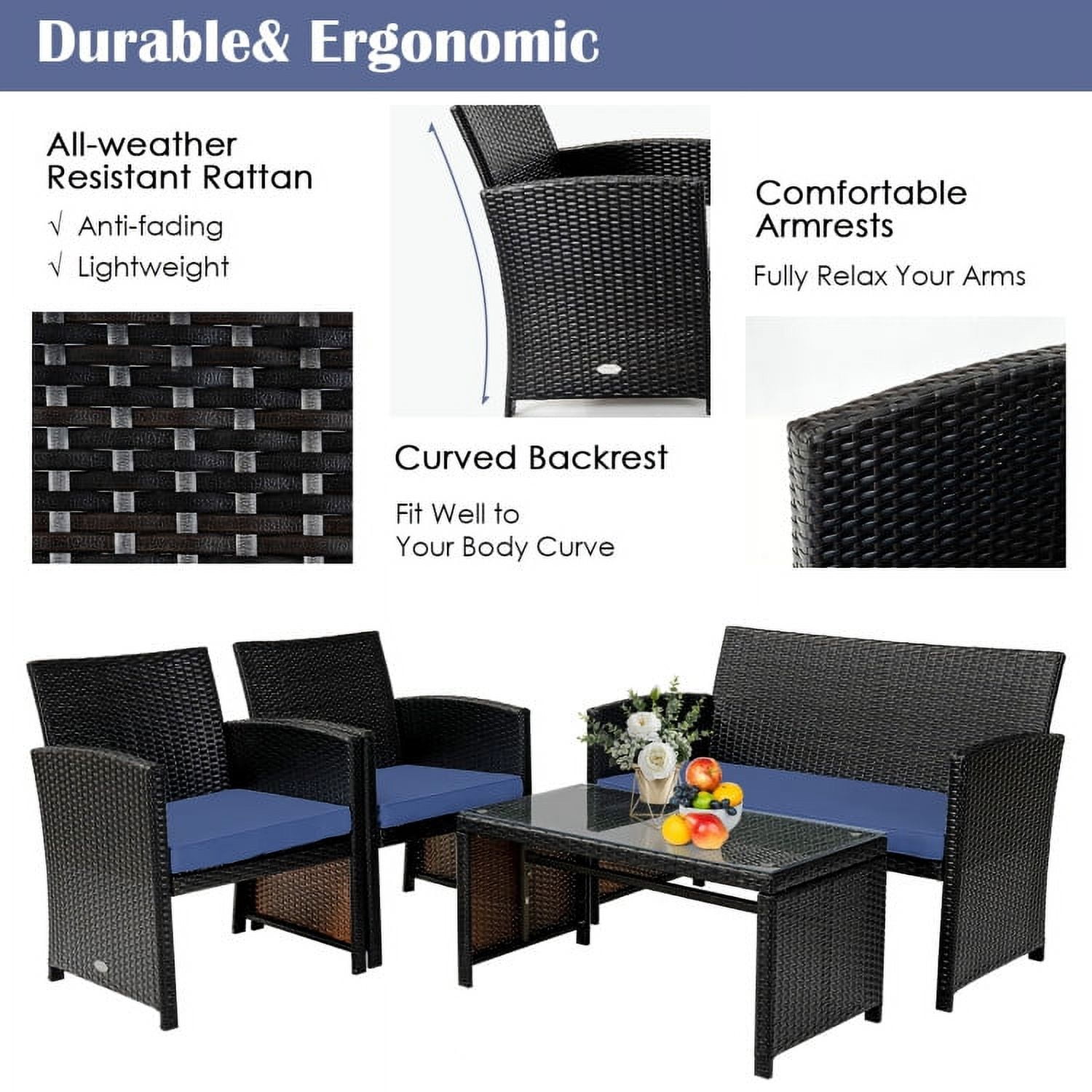 Aimee Lii 4 Pieces Wicker Patio Furniture Set, Coffee Table Cushioned Sofa, Modern Patio Furniture, Navy Aimee Lii 4 Pieces Wicker Patio Furniture Set, Coffee Table Cushioned Sofa, Modern Patio Furniture, Navy