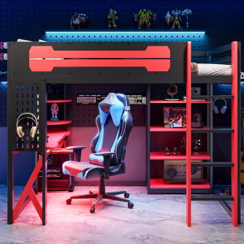 Full Size Wood Loft Bed with Desk & RGB Lights, Gaming Loft Bed with Power Outlet & USB/Type-C Ports, 4-Tier Bookshelf & Pegboard, 400 lbs Capacity, Black Red