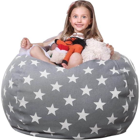 Stuffed Animal Storage Bean Bag Chair Cover with Zipper Cotton Canvas Grey Star XX-Large