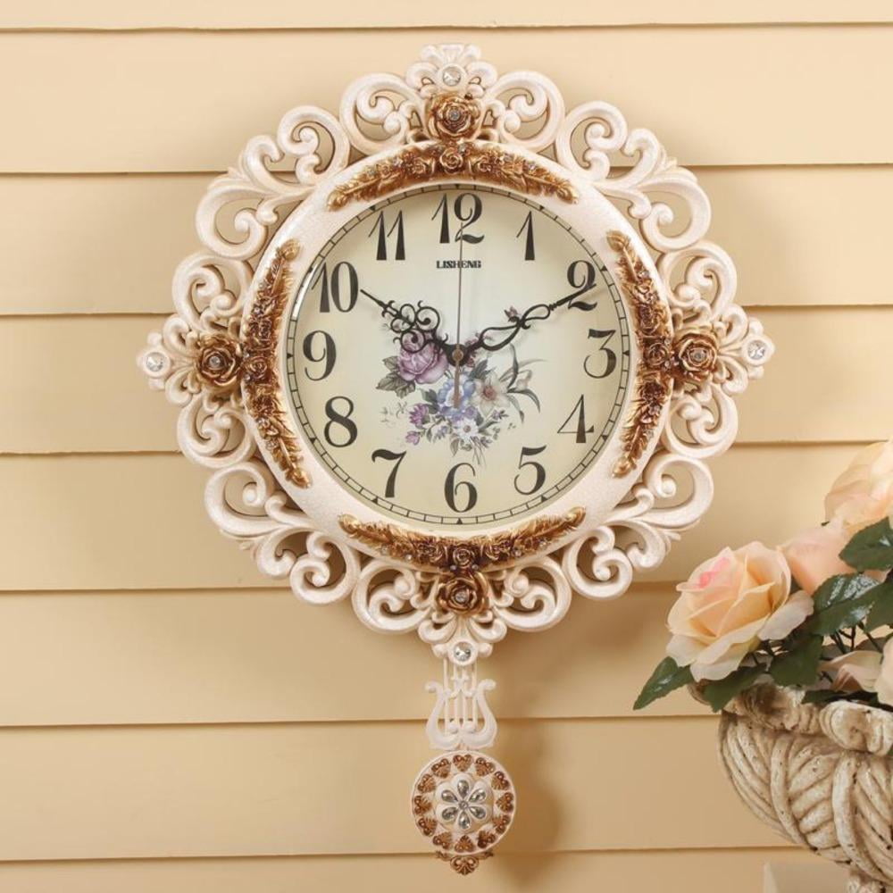 Modern Delicate Carved Round Pendulum Wall Clock 