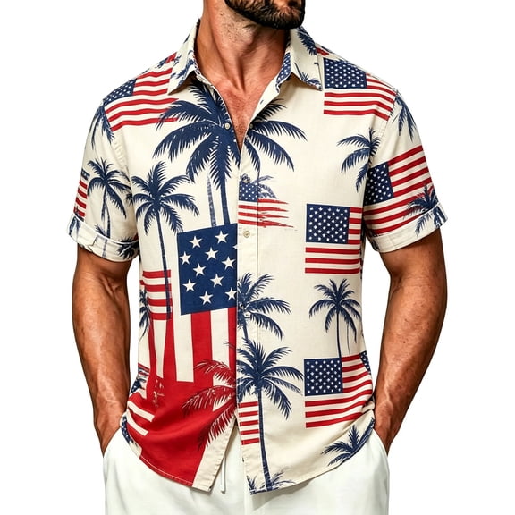 Bainana Shirts For Men USA Anniversary 250 Years Shirt Short Sleeve Button Down Independence Day Casual Outfits Size L Red