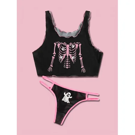 

Sexy Cami Lingerie Set Funny Skeleton Pattern Bra & Cheeky Panties Women‘s Lingerie & Underwear