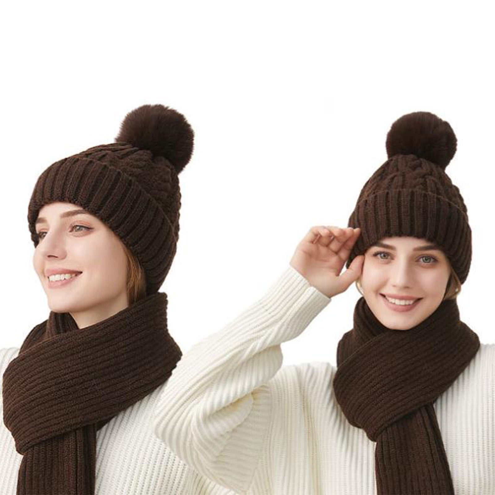 Cadancy Knit Hats for Women with Scarf 2 Piece Set Winter Comfort Warm Pompom Baenies Hat Cute Trendy Outdoor Cold Weather Snow Caps