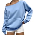 thumbnail image 3 of WAYUTE Sweatshirt for Women Off The Shoulder Sweatshirt Drop Shoulder Long Sleeve Front Pocket Oversized Tunic Top Solid Color Fall Pullover Casual Daily Wear,Light Blue,XL, 3 of 6
