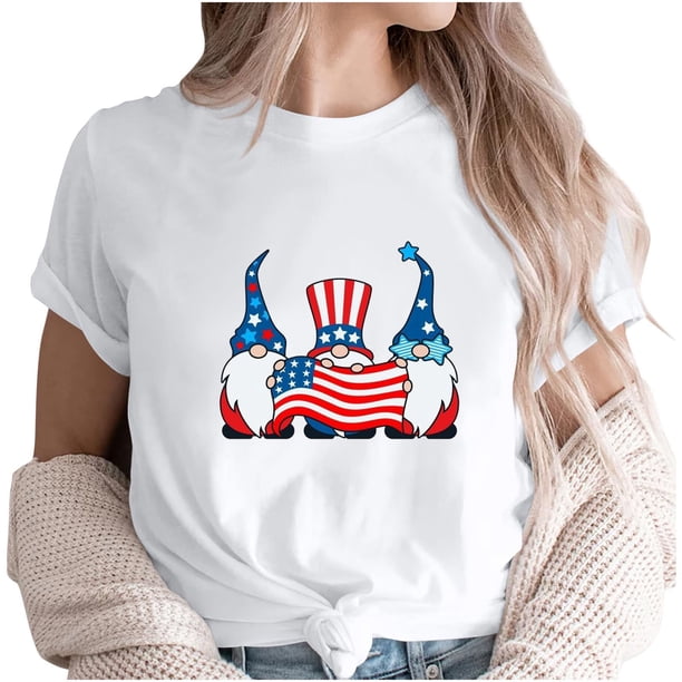 Camiseta de Cuello de la Tripulación de la Impresión Del Día de la Independencia de las Mujeres, Camiseta Casual Elegante para las Mujeres