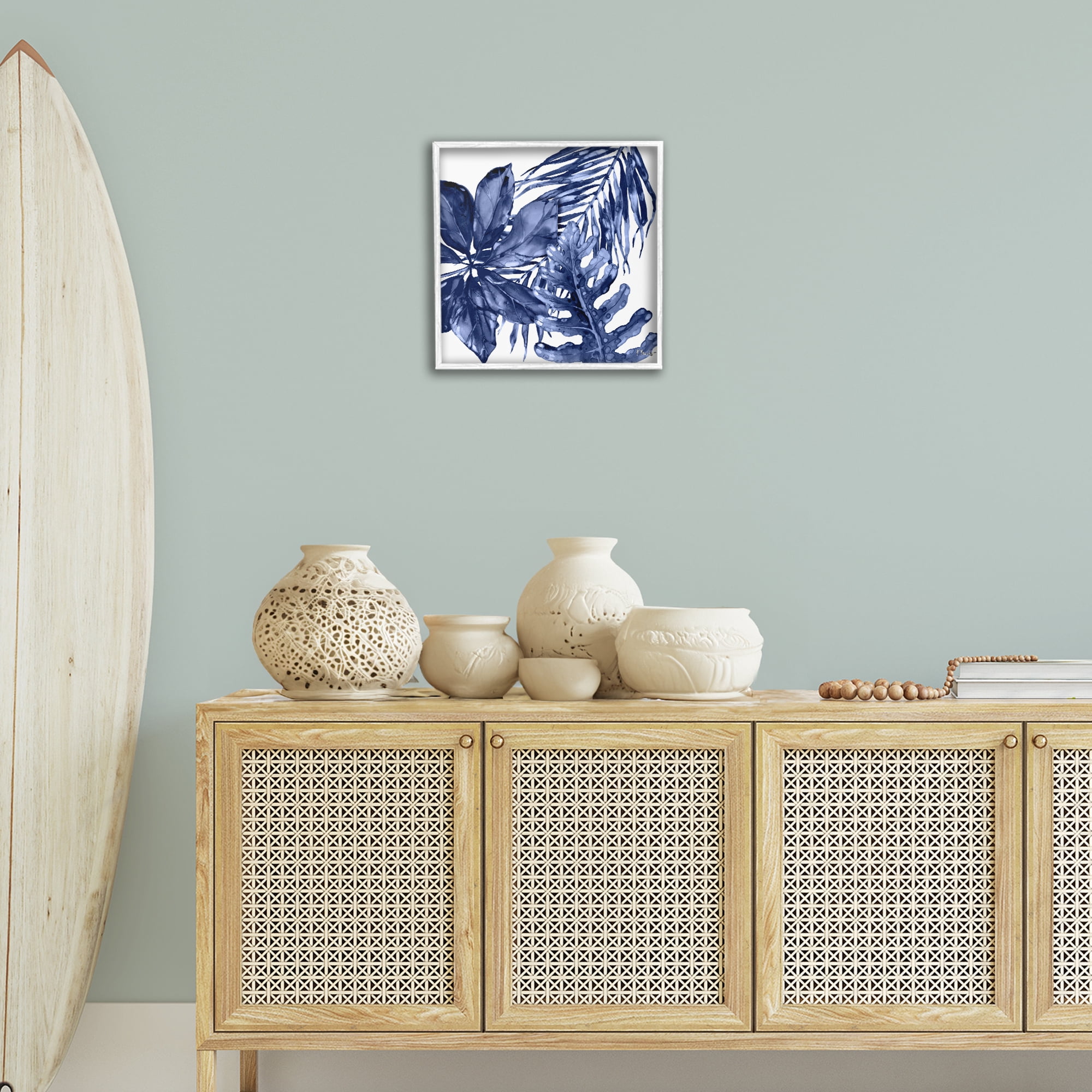 Stupell Industries Blue Hued Plant Leaves Botanical & Floral Painting White Framed Art Print Wall Art, 17 x 17