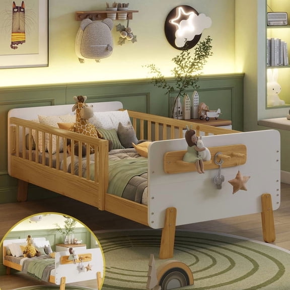 Mirightone Twin Montessori Bed with Rails, Wood Twin Bed Frame with Headboard and Footboard for Girls Boys, White