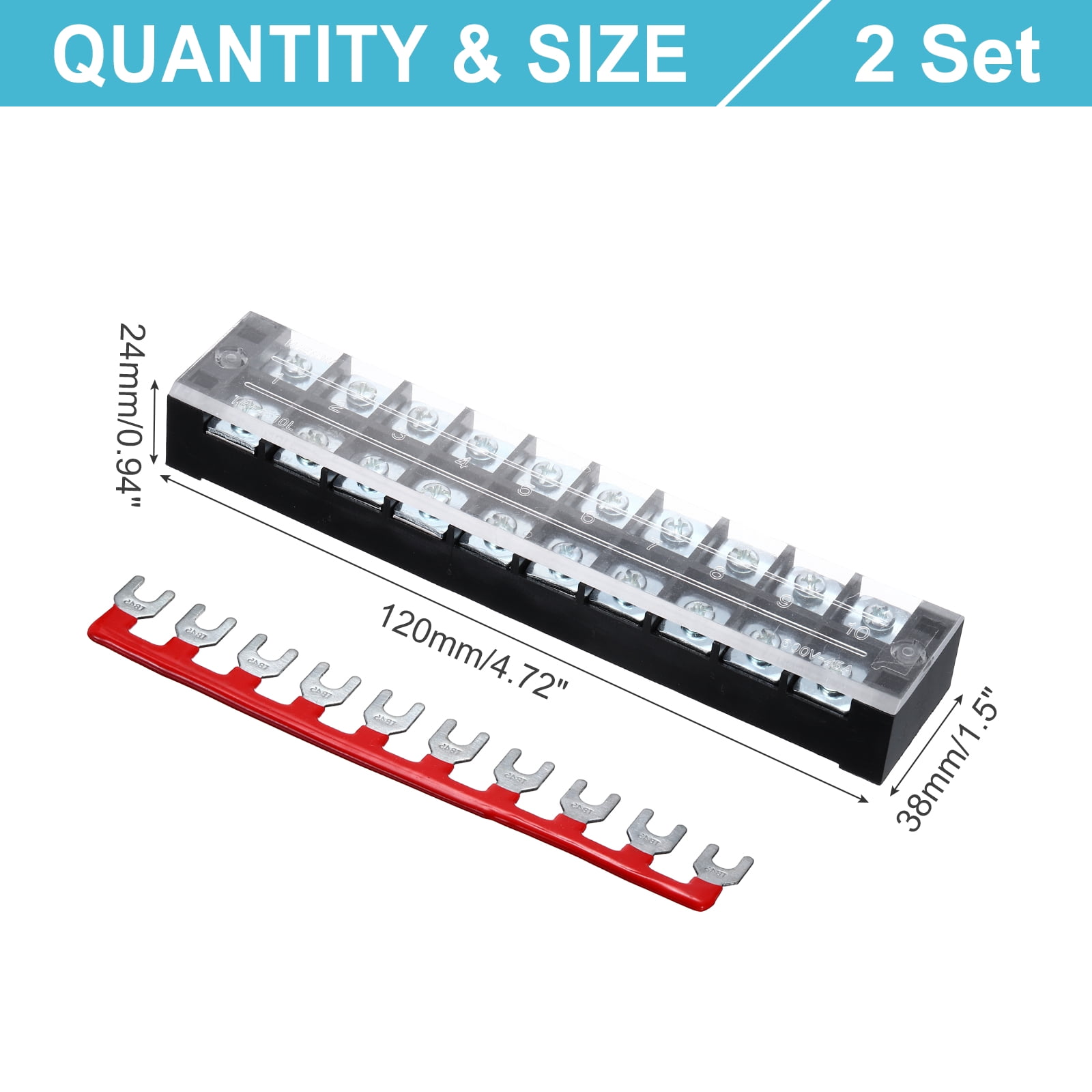 Uxcell 2 Pcs Dual Row Terminal Block, 600V 45A 10 Positions Screw Terminal Block with 2PCS Pre-Insulated Barrier Strips for Power System, Home Appliances