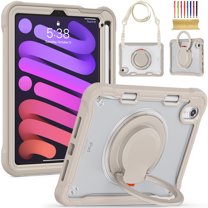 Silicone Case for iPad mini 6th Gen 8.3" 2021, Heavy Duty 360° Ring Stand with Shoulder Strap Pen Holder Translucent Hard PC Back Case Cover for iPad mini 6th Gen 8.3" 2021, Khaki
