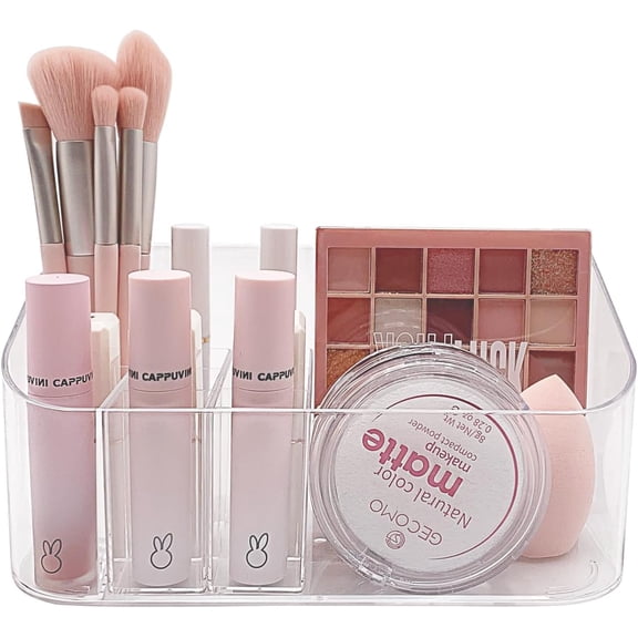 Makeup Tray Holder Organizer Cosmetic Display Case Tabletop Desktop Vanity Countertop Bathroom Wall Cabinet Medicine Storage Box 9 Dividers 2 Removable for Womens Ladies Girls Crystal Clear