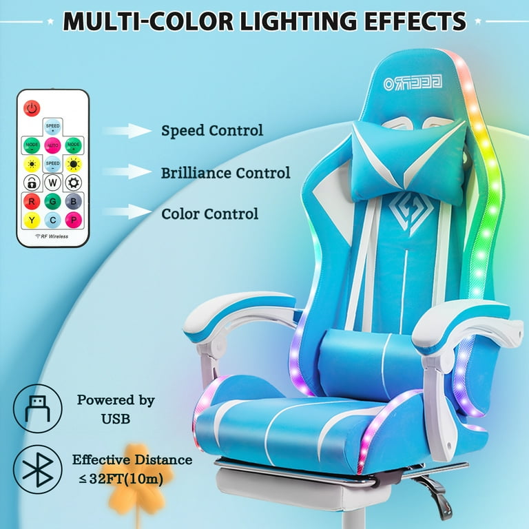 450LBS Load RGB Lighted Massage Gaming Chair High Back Computer Chair with Footrest and Lumbar Support Height Adjustable Gaming Chair with 360 Degree Swivel Seat and Headrest for Boys Girls Gaming