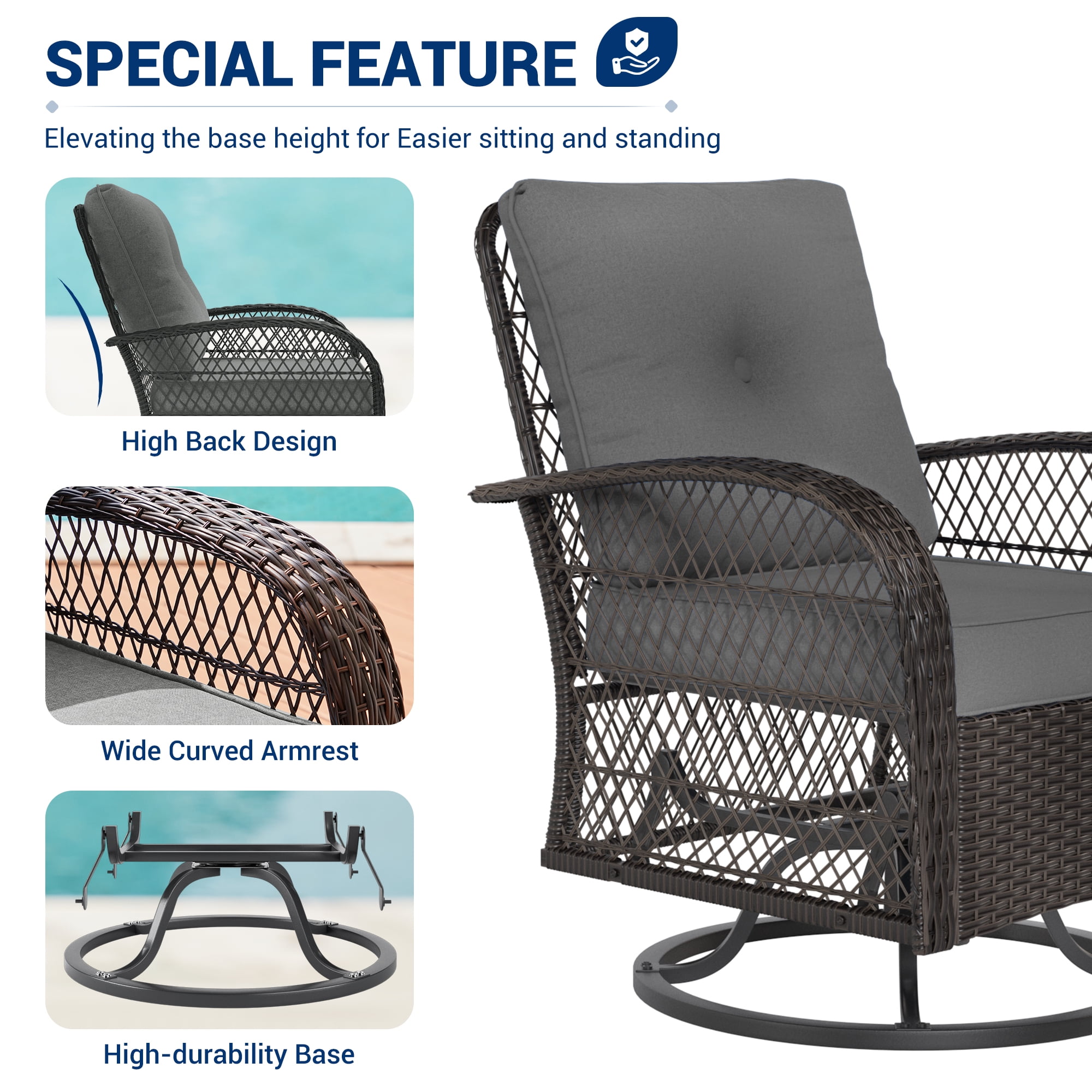 Techmilly 3 Pieces Patio Furniture Set, Outdoor Swivel Gliders Rocker, Glass Top Side Table (Grey)