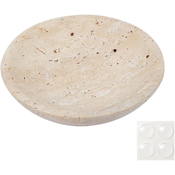Marble Jewelry Tray 5.5 Inch Round Travertine Trinket Dish Vanity Jewelry Tray Decorative Trinket Plate with 4Pcs Non-Slip Stickers