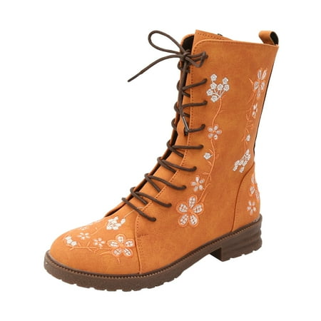DVKOVI Womens Dress Shoes Calf Boots for Women Retro Printed Embroidered Women s Heel Monochrome Fashion Short Boots Soft Insole Warm Breathable Lining for Ladies Fall Winter Orange 42