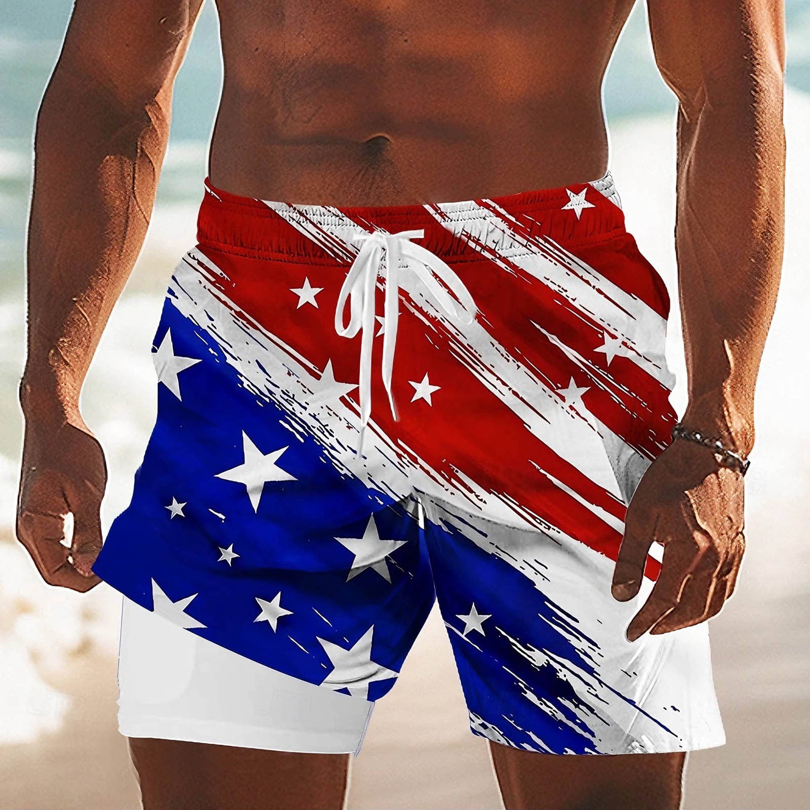 LIIPEE Men Swim Trunks Independence Day Drawstring Elastic Waist Liner Double-Layer With Pocket Quickly Drying Board Shorts Stars Stripes Graphic Patriotic Bathing Suit For 4Th Of July,Multicolour