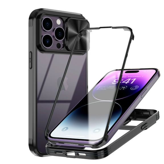 Elegant Choise for iPhone 14 Plus Case with Slide Camera Lens Full Coverage Hybrid Hard Phone Cover, Black