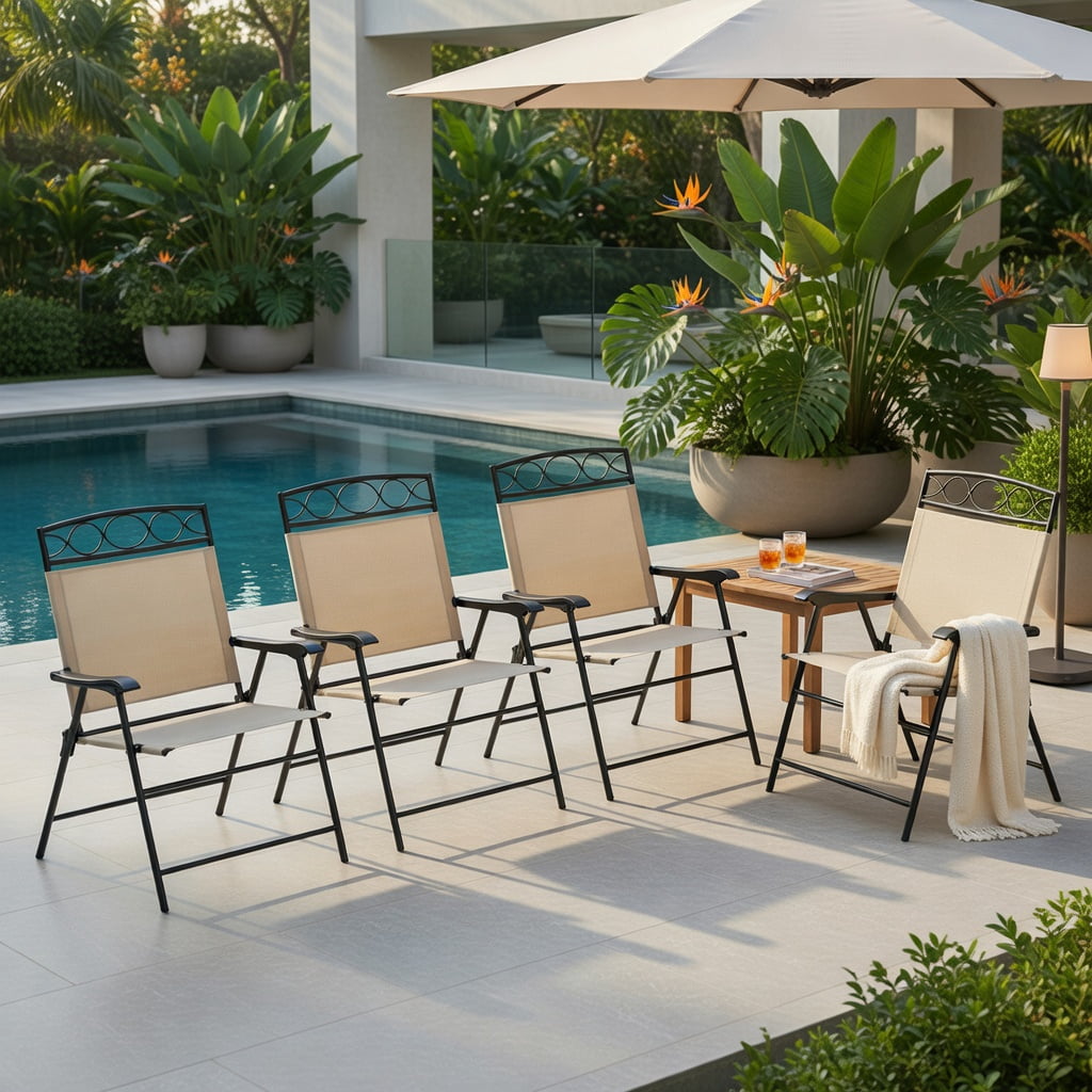 Hommoo 4-Pack Folding Patio Chairs with Armrests, Heavy-Duty Outdoor Dining Chairs, Ergonomic 105° Backrest, Beige