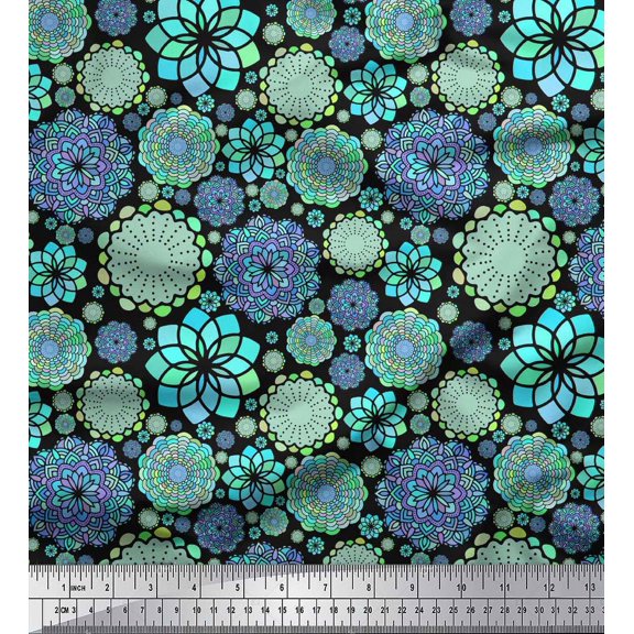 Soimoi Black Cotton Duck Fabric Blue Mandala Decor Fabric Printed Yard 42 Inch Wide