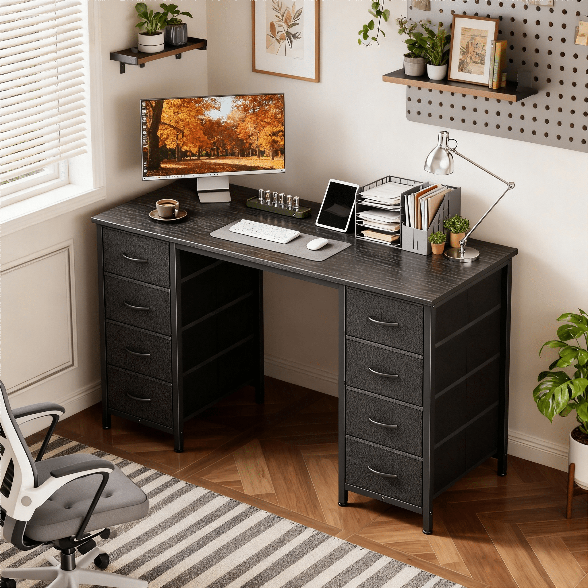 CONCETTA 47 Inch Computer Desk with 8 Fabric Drawers, Home Office Desk Workstation for Study & Gaming, Large Storage Writing Desk, Sturdy Metal Frame, Black