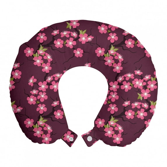 Cherry Blossom Travel Pillow Neck Rest, April in Asia Seasonal Trees in Full Blossom Far Eastern Garden Botany, Memory Foam Traveling Accessory Airplane and Car, 12", Plum Pink Green, by Ambesonne