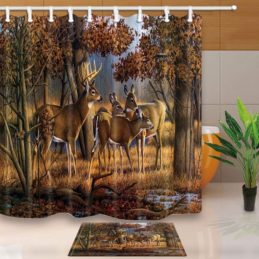ARTJIA Deer Woodland Decor Whitetail Elk in Tropical Autumn Forest Shower Curtain 66x72 inches