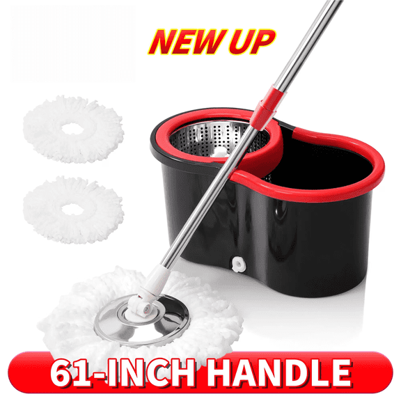 Spin Mop and Bucket Set with Wringer, 360 Degree Rotating Floor Mop, 61 Inch Adjustable Stainless Steel Handle, 3 Microfiber Replacement Mop Heads for Home and Bathroom Cleaning