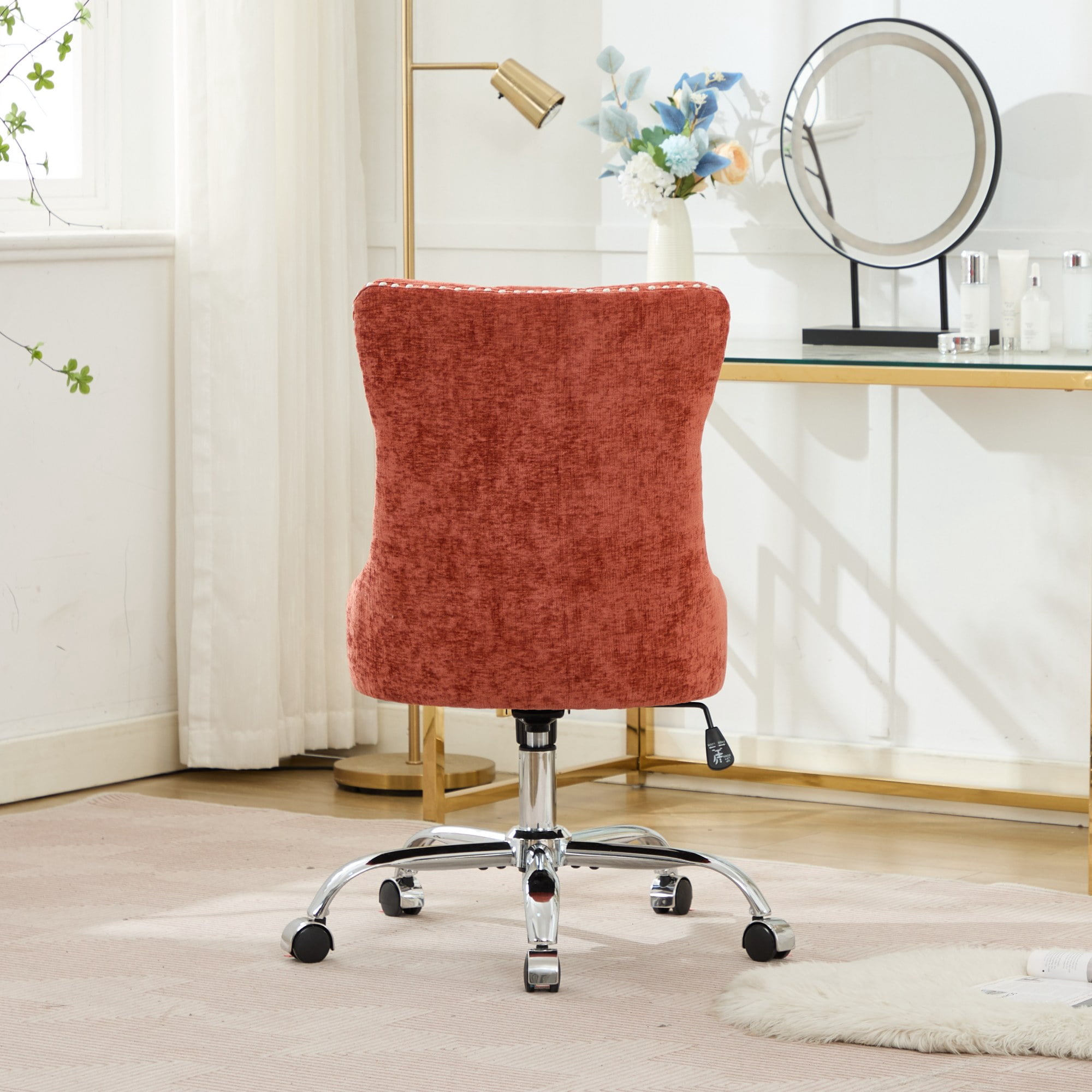 MAYEERTY Modern Chenille Office Chair - Tufted Buttons, Chrome Metal Base, Adjustable Swivel, Orange