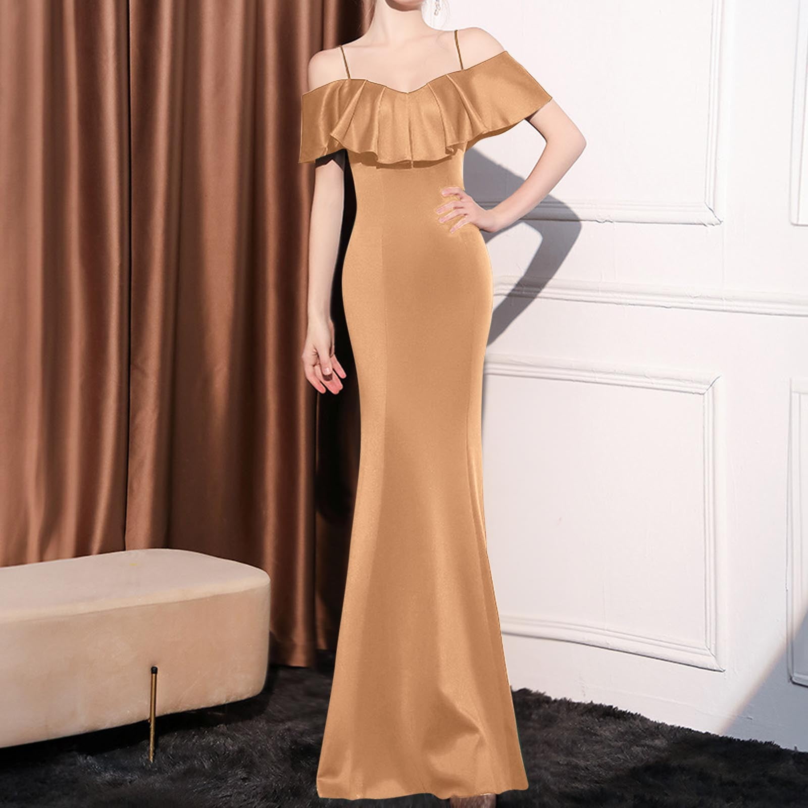 Long Bridesmaid Dresses for Wedding Women's Bodycon Mermaid Spaghetti  Straps Cold Shoulder Formal Prom Maxi Dresses Knit Dress S-13 Beige M -  Walmart.com