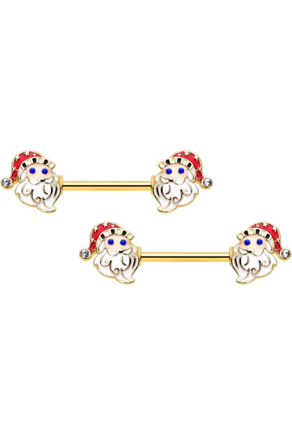 14G Womens Piercing PVD Steel 2Pc Clear Happy Santa Claus Nipple Ring Set 9/16