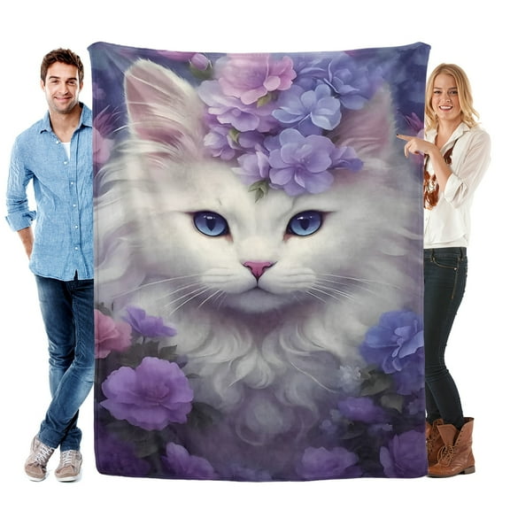Warm Gift Charming White Cat & Purple Flowers Cute Fun Print Flannel Blanket Soft Warm Cozy Blanket For Sofa Bed Car Camping Office Home Decor Gift Blanket For All Seasons