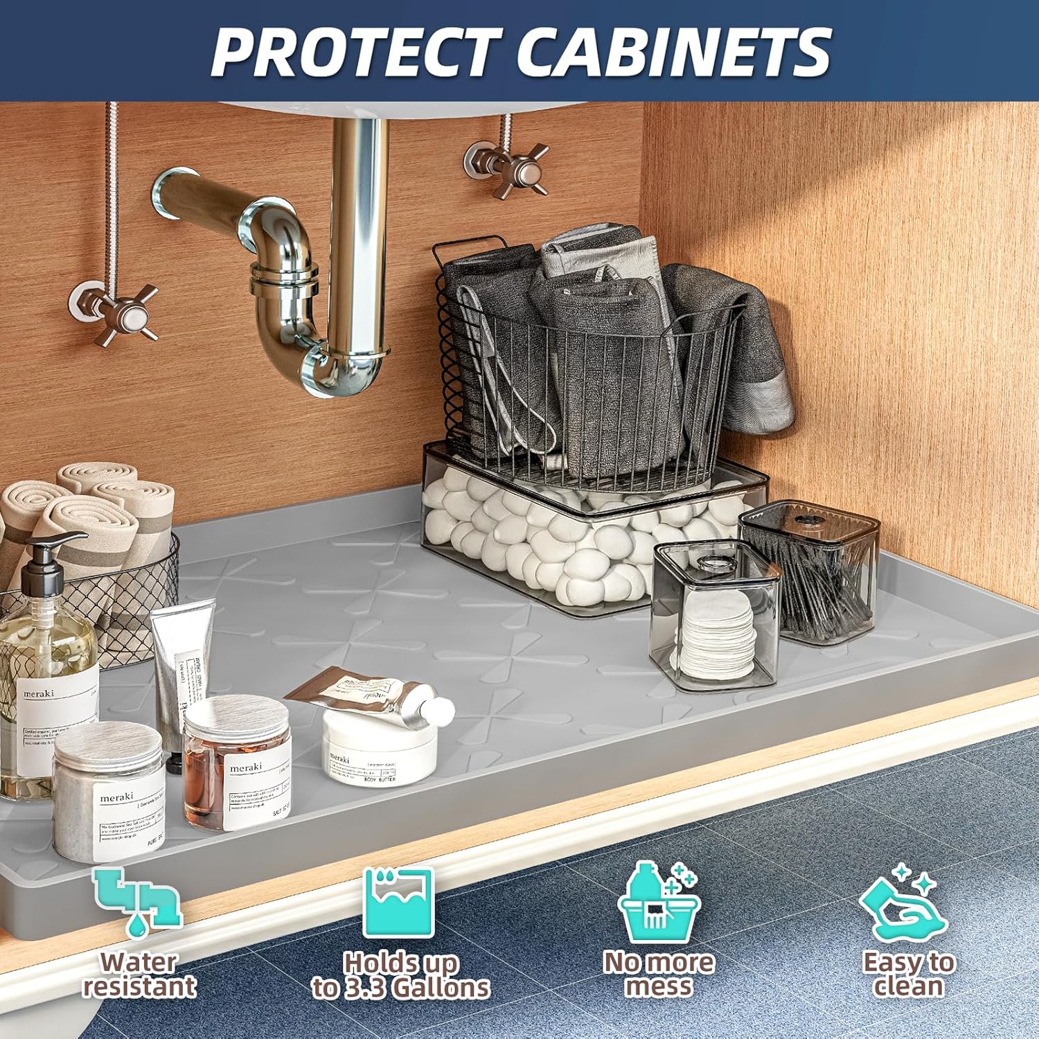 SIKADEER 34" x 22" Under Sink Mat Waterproof, Silicone Kitchen Drawer Shelf and Cabinet Liner, Protector for Organizers Storage, Boot Tray Pet Food Mats