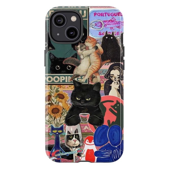 Vintage Cat Collage Phone Case, Artistic Retro Cat and Floral Design, Unique Whimsical Protective Cover for iPhone 16 15 14 13 12 11 Pro Plus Mini
