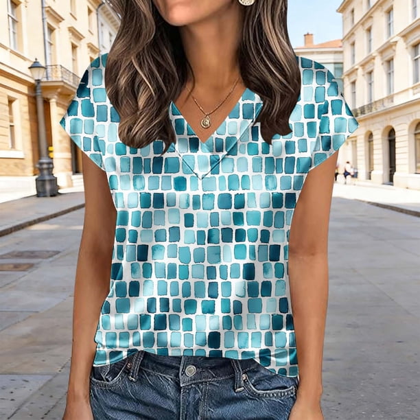 TaTaai Women's Vintage Satin Blouse Short Sleeve V-Neck Printed Pullover Loose Fit Elegant Casual Summer Top Shirt Retro Daily Chic Gift