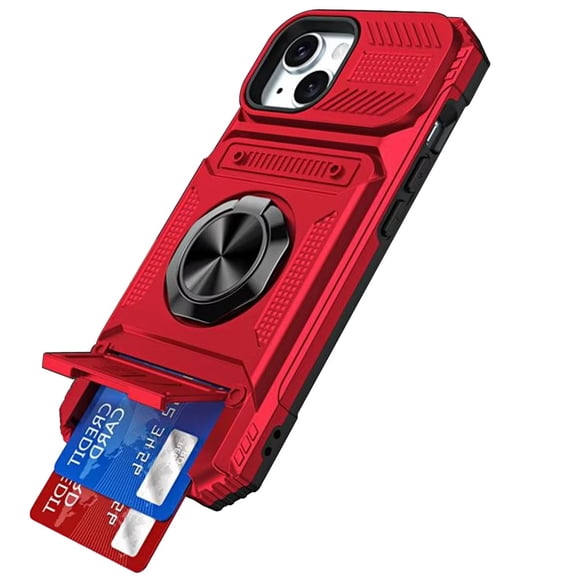 For Apple iPhone 15 (6.1") Wallet Case with Credit Card Slots, Ring Stand & Magnetic Holder Slim Protective Shockproof [Red]