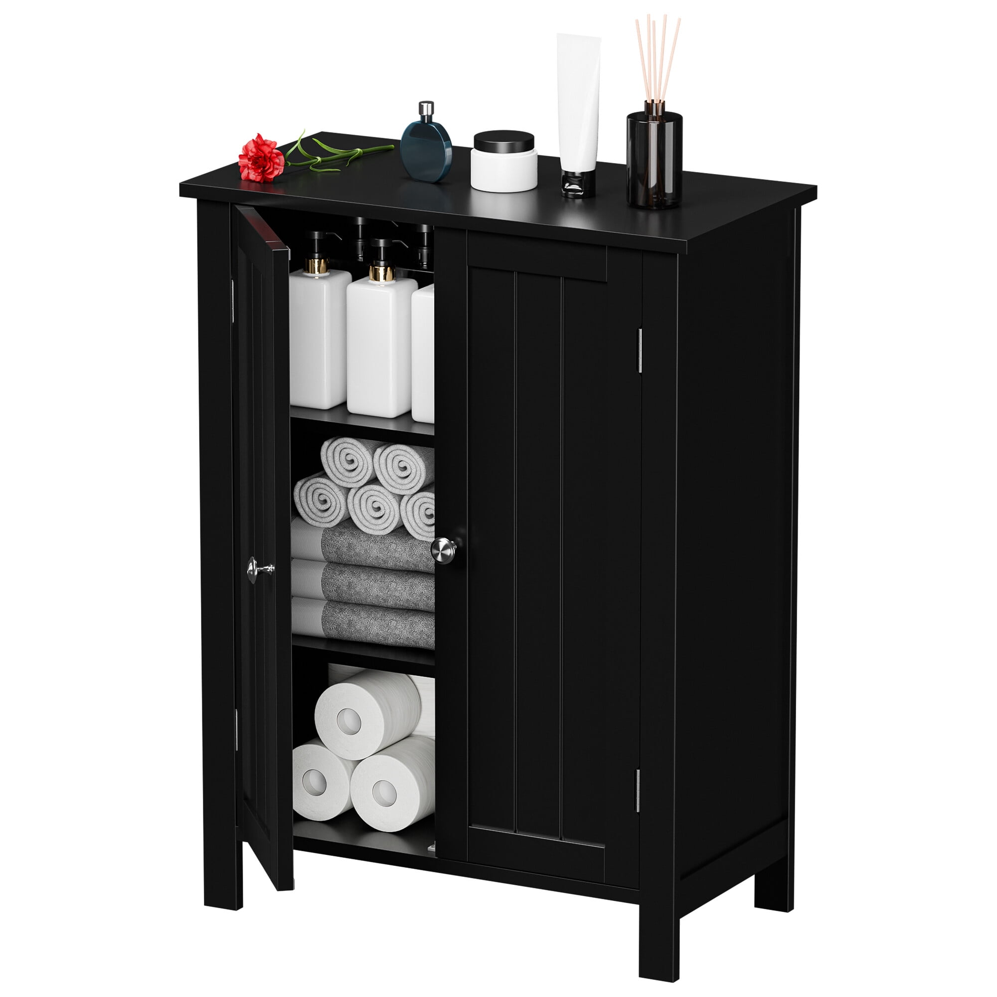 ZENY Wooden 2 Door Bathroom Cabinet Storage with 3 Shelves Free Standing, Black